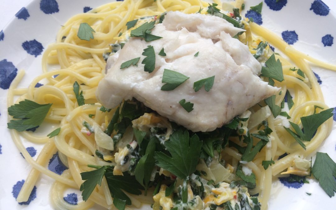 Pasta met kabeljauw, zeekraal en geitenkaas